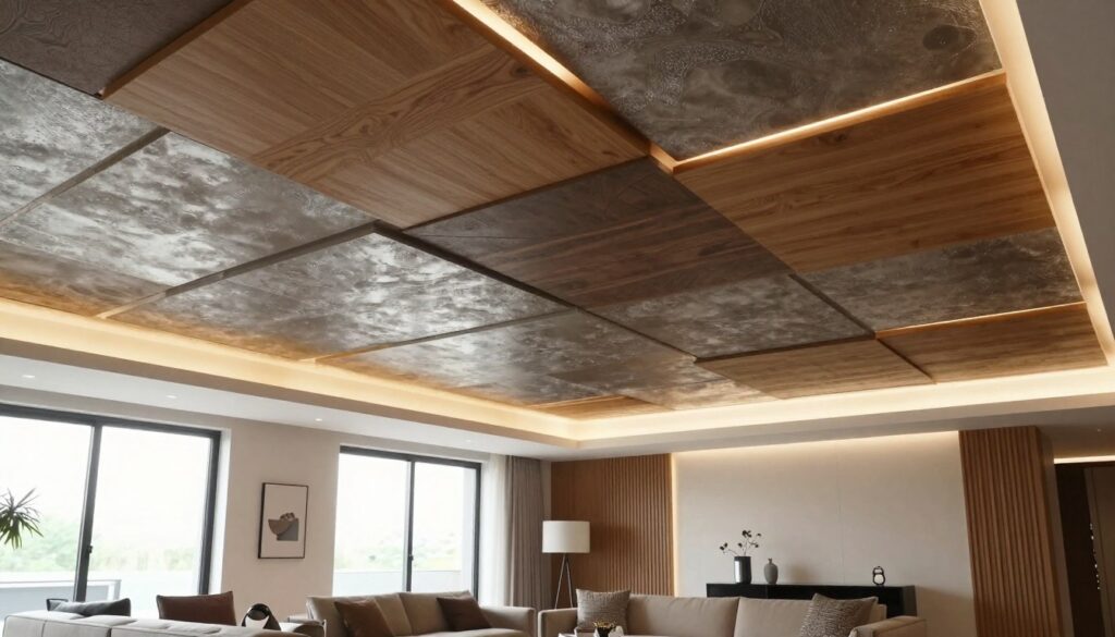 A modern interior featuring a creative ceiling design that showcases innovative alternatives to traditional ceiling tiles. The foreground highlights stylish, textured ceiling panels in a variety of materials such as wood and metal, elegantly lit by soft, warm lighting. In the middle of the image, a contemporary living space is depicted, with sleek furniture and decorative elements that complement the ceiling design. In the background, large windows allow natural light to flood the room, enhancing the airy atmosphere. The overall mood evokes sophistication and creativity, inviting viewers to reconsider traditional ceiling options in favor of unique, modern designs. The scene captures a harmonious blend of aesthetics and functionality, showcasing a refreshing interior concept.