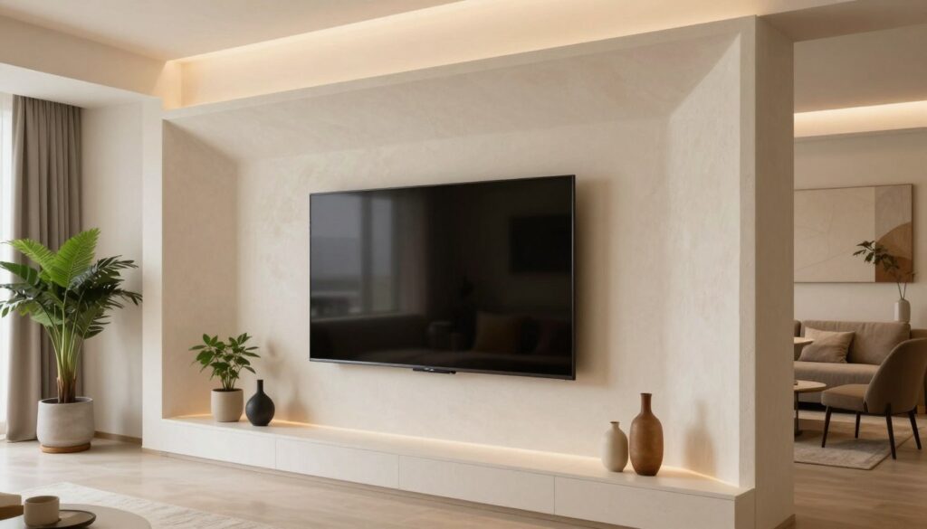 A modern interior featuring a stylish, geometric alcove designed for a television, crafted from high-quality plasterboard (płyty GK). The foreground includes elegant decor items like potted plants and decorative vases placed on a sleek shelf adjacent to the TV. In the middle, a large, flat-screen TV is mounted within a well-lit, airy recess, with ambient backlighting illuminating the edges of the alcove. The background showcases a sophisticated living room with soft beige walls and contemporary furniture, creating a harmonious atmosphere. The lighting is warm and inviting, enhancing the textures of the plasterboard and accessories. The perspective is slightly elevated, capturing the depth and design of the alcove, with an emphasis on modern aesthetics and clean lines, making it an inspiring focal point for a stylish home. A modern interior featuring a stylish, geometric alcove designed for a television, crafted from high-quality plasterboard (płyty GK). The foreground includes elegant decor items like potted plants and decorative vases placed on a sleek shelf adjacent to the TV. In the middle, a large, flat-screen TV is mounted within a well-lit, airy recess, with ambient backlighting illuminating the edges of the alcove. The background showcases a sophisticated living room with soft beige walls and contemporary furniture, creating a harmonious atmosphere. The lighting is warm and inviting, enhancing the textures of the plasterboard and accessories. The perspective is slightly elevated, capturing the depth and design of the alcove, with an emphasis on modern aesthetics and clean lines, making it an inspiring focal point for a stylish home.