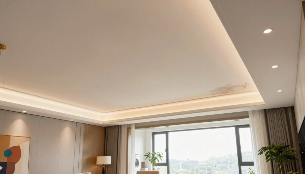 A modern interior room showcasing both the advantages and disadvantages of stretch ceilings. In the foreground, a beautifully designed living space features a glossy stretch ceiling reflecting soft, ambient lighting, creating an elegant and serene atmosphere. On the left, there are elements highlighting the benefits: a stylish chandelier, vibrant wall art, and a cozy seating area. To the right, illustrate potential drawbacks; a corner showing an area with visible wear, such as discoloration or sagging, on a different ceiling type. In the background, large windows let in natural light, giving a warm, inviting feel. The perspective should be slightly elevated, offering a comprehensive view of the room’s design. The overall mood is balanced, reflecting both aesthetics and practicality. A modern interior room showcasing both the advantages and disadvantages of stretch ceilings. In the foreground, a beautifully designed living space features a glossy stretch ceiling reflecting soft, ambient lighting, creating an elegant and serene atmosphere. On the left, there are elements highlighting the benefits: a stylish chandelier, vibrant wall art, and a cozy seating area. To the right, illustrate potential drawbacks; a corner showing an area with visible wear, such as discoloration or sagging, on a different ceiling type. In the background, large windows let in natural light, giving a warm, inviting feel. The perspective should be slightly elevated, offering a comprehensive view of the room’s design. The overall mood is balanced, reflecting both aesthetics and practicality.
