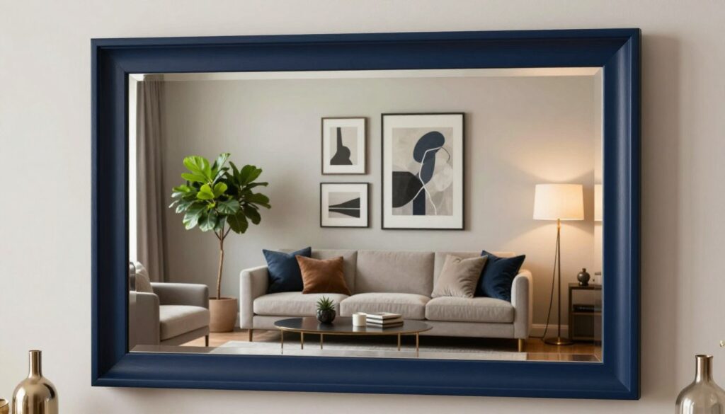 A modern interior scene featuring a stylish mirror framed in deep navy blue. In the foreground, the mirror reflects a well-styled room, showcasing a contemporary sofa with soft cushions and a chic coffee table. The middle ground includes decorative elements like a vibrant indoor plant and tasteful art pieces, emphasizing the elegant color palette. In the background, a subtle blend of textures, such as wooden shelves and soft lighting from a stylish lamp, sets a cozy atmosphere. The lighting is warm and inviting, creating a soft glow that enhances the navy frame of the mirror. Capture the essence of various design styles—modern, classic, glamour, loft, and Scandinavian—through a harmonious arrangement that embodies sophistication and comfort.