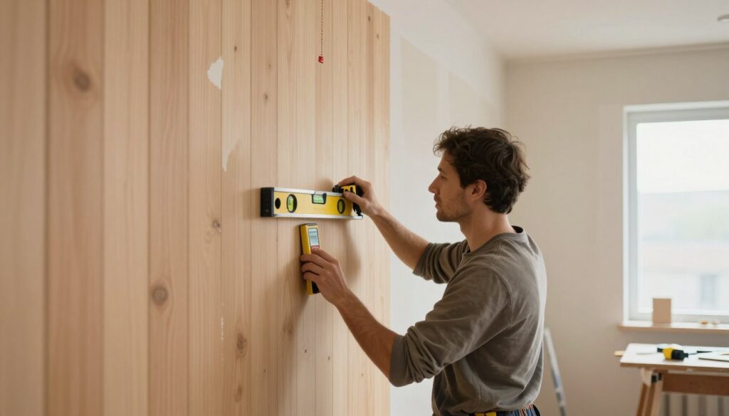 A modern interior scene focusing on a wall preparation process for wooden paneling. In the foreground, a professional dressed in modest casual clothing checks a level on the wall, ensuring it is even. Visible tools include a moisture meter and measuring tape. The middle ground showcases a partially prepped wall, with patches of drywall mud and a plumb line hanging down, illustrating attention to detail in preparation. The background reveals a clean, well-lit workshop with soft, natural light filtering through a window, creating a warm and inviting atmosphere. The overall mood conveys professionalism and precision, emphasizing the importance of maintaining a dry, level, and moisture-free surface for quality wooden panel installation.