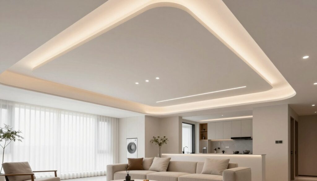 A modern interior scene showcasing innovative ceiling designs suitable for different rooms. In the foreground, sleek LED lighting accents a stylish, suspended ceiling with geometric shapes and soft curves. The middle section features open spaces of a contemporary living room featuring a cozy sofa and minimalist decor, emphasizing the unique ceiling. Natural light floods in through large windows, enhancing the atmosphere. In the background, glimpses of a stylish kitchen and a serene bathroom can be seen, all harmonizing with the ceiling design elements. The color palette includes soft whites, light grays, and subtle pastels, creating a calming mood. The image is captured with a wide-angle lens to encapsulate the spaciousness, with a warm, inviting glow illuminating the entire scene.