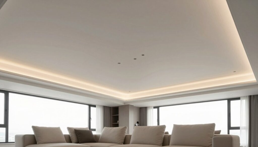 A modern interior showcasing an elegantly designed stretch ceiling in a stylish living room. The foreground features a sleek, minimalist sofa with soft cushions, while the middle ground displays the stunning stretch ceiling with a smooth, glossy finish that reflects ambient light. Subtle LED lighting accents the edges of the ceiling, creating a warm and inviting atmosphere. In the background, large windows allow soft natural light to filter in, illuminating the space. The color palette consists of soft whites and warm grays, promoting a contemporary feel. The scene captures the essence of comfort and sophistication, highlighting how stretch ceilings enhance the aesthetics of a home. The overall mood is serene and refined, ideal for a modern living environment.