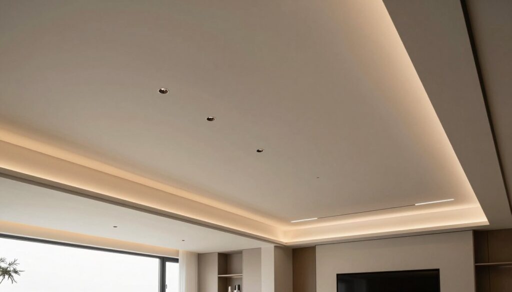 A modern interior space showcasing a beautifully designed stretch ceiling with integrated lighting. The foreground features sleek architectural lines and minimalist furnishings, emphasizing the ceiling's design. In the middle, LED lights softly illuminate the stretch ceiling, creating an elegant atmosphere with a subtle glow. The background includes soft wall colors and contemporary decor that enhance the ceiling's modern appeal. The lighting casts gentle reflections, highlighting the unique textures of the stretch material. The image is captured using a wide-angle lens, angled slightly upward to showcase the ceiling's depth and visual effect, creating an inviting and sophisticated space that feels contemporary and stylish. Natural light filters in through large windows, adding warmth to the scene.