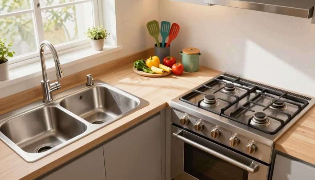 A modern kitchen interior featuring a gas stove on the right and a double sink on the left, separated by a spacious countertop in between. The sink is stainless steel, with a sleek faucet, reflecting bright ambient light from an overhead fixture. The gas stove is a contemporary design with intricate knobs, while colorful cooking utensils are neatly arranged nearby. The countertop is adorned with fresh ingredients, creating an inviting atmosphere. Bright natural light spills in from a window, adding warmth to the scene. The perspective is slightly elevated, giving a clear view of the kitchen layout, emphasizing ergonomic space between the sink and stove. The color palette is warm and inviting, suggesting a cozy yet functional cooking environment.
