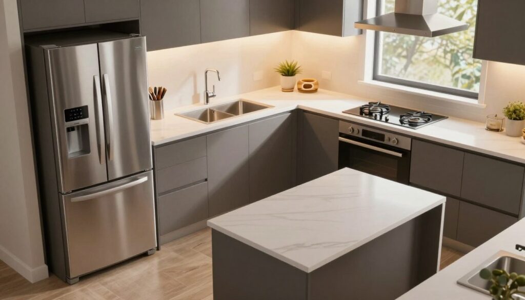 A modern kitchen layout featuring the ergonomic kitchen work triangle between a refrigerator, sink, and stove. In the foreground, a sleek stainless steel refrigerator stands prominently. The middle section showcases a spacious, elegant sink with polished chrome fixtures, while a modern induction cooktop is integrated into a stylish countertop nearby. In the background, warm ambient lighting creates a cozy atmosphere, highlighting the open design and functionality of the space. The view is from a slightly elevated angle, which gives an overview of the triangular arrangement, emphasizing the practicality and efficiency of the layout. Soft natural light filters in through a kitchen window, adding a fresh and inviting feel to this well-organized kitchen environment.