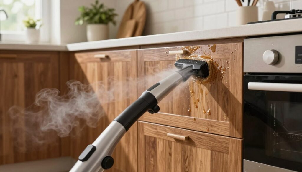A modern kitchen scene featuring a steam cleaner being used on wooden kitchen cabinets, depicting the process of cleaning grease and sticky residue. In the foreground, the steam cleaner is prominently displayed, with visible steam rising from its nozzle, illustrating the powerful cleaning action. The middle ground showcases the cabinets, emphasizing their rich wood finish marred by greasy fingerprints, now being rejuvenated by the steam. In the background, soft, natural light filters through a window, creating a warm and inviting atmosphere, while kitchen utensils and plants add a touch of homeliness. The overall mood is one of cleanliness, efficiency, and domestic harmony, suitable for a professional setting, without any people present.