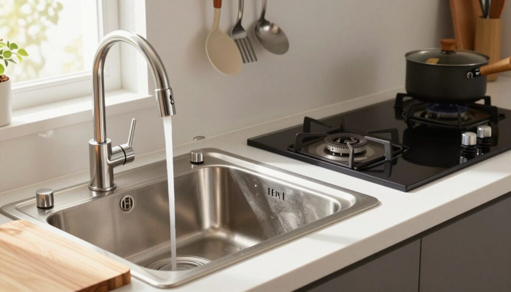 A modern kitchen scene featuring a stylish sink positioned next to a gas stove, depicting smart ergonomic solutions to enhance safety. The foreground consists of a clean, stainless steel sink with running water and a cutting board beside it, while the shiny black gas stove has pots simmering on the burners. The middle ground reveals a series of organized kitchen utensils hanging on a nearby wall, ensuring ease of access. In the background, soft natural light streams in from a nearby window, creating a warm and inviting atmosphere. The angle captures the chef’s workspace, focusing on the interaction between the sink and stove, with an emphasis on safety features like a splash guard or additional counter space. The overall mood is practical yet aesthetically pleasing, showcasing functional kitchen design.
