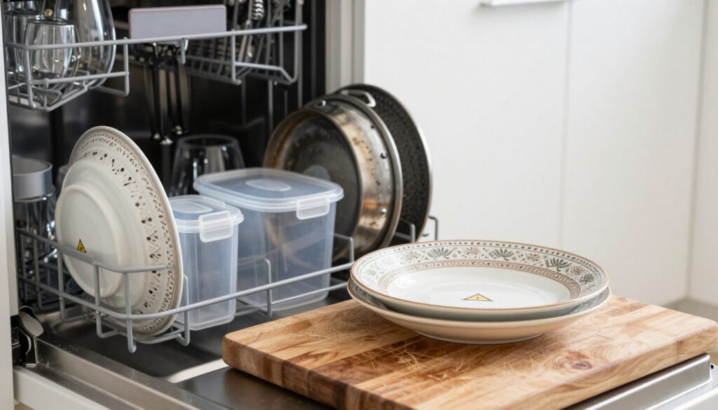 A modern kitchen scene highlighting items that should not be washed in a dishwasher. In the foreground, showcase a delicate wooden cutting board with knife marks and a stunning ceramic dish with intricate patterns, both slightly tilted to reveal their details. In the middle ground, feature metallic cookware showing signs of corroding and an array of plastic containers, with warning signs subtly integrated into their designs. In the background, capture an open dishwasher with unsanitized glasses and utensils, emphasizing the contrast between safe and unsafe items. Use soft, natural lighting to create an inviting atmosphere, while ensuring a slight focus on the intricate textures of the materials. The mood should be educational yet approachable, guiding the viewer to understand the importance of proper dishwashing practices.