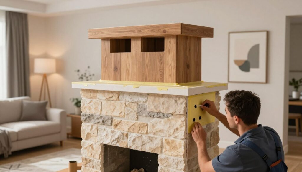A modern living room featuring a chimney surrounded by a decorative casing. In the foreground, a craftsman in professional attire is demonstrating the installation process, focusing on elements like thermal insulation and ventilation holes. The middle ground highlights the chimney's casing, showcasing detailed textures and materials such as natural stone and wood paneling, enhanced with high-temperature adhesives. In the background, soft, diffuse lighting creates a warm atmosphere, illuminating the stylish decor of the room, including a cozy sofa and minimalist art on the walls. The angle is slightly elevated, giving a comprehensive view of the installation work while maintaining a professional and inviting mood.
