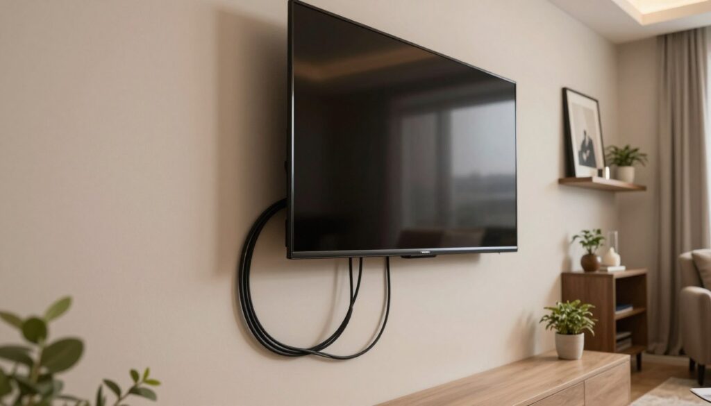 A modern living room featuring a sleek television mounted on a stylish wall. The foreground showcases neatly organized cables, cleverly concealed along the wall, creating a tidy appearance. In the middle ground, the television is framed by elegant decor elements, like a minimalist shelf with plants and framed artwork, enhancing the aesthetic appeal. The background consists of soft, ambient lighting that casts a warm glow throughout the room, creating a cozy atmosphere. Use a slightly angled perspective to emphasize the wall's design and the cable management. The overall mood should convey a sense of sophistication and harmony, highlighting an organized space around the television.