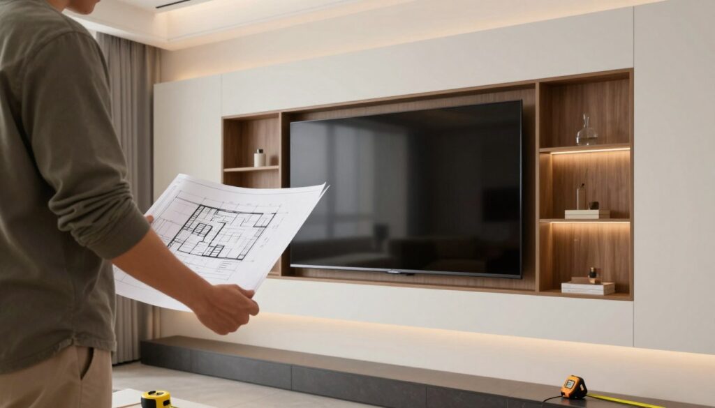 A modern living room scene featuring a sleek wall-mounted television installation. In the foreground, a professional setting with a person in modest casual clothing, holding a detailed plan for the TV mounting structure. The middle ground showcases the wall with an elegant built-in TV unit, displaying clean lines, warm wood accents, and minimalistic shelves for decor. In the background, soft ambient lighting highlights the installation process, accentuating the ergonomic placement of the TV. A measuring tape and tools neatly arranged on a surface hint at the DIY aspect, creating a practical and inspiring atmosphere. The lens is set for a slight angle to capture depth, and the overall mood is one of sophistication, functionality, and modern design. A modern living room scene featuring a sleek wall-mounted television installation. In the foreground, a professional setting with a person in modest casual clothing, holding a detailed plan for the TV mounting structure. The middle ground showcases the wall with an elegant built-in TV unit, displaying clean lines, warm wood accents, and minimalistic shelves for decor. In the background, soft ambient lighting highlights the installation process, accentuating the ergonomic placement of the TV. A measuring tape and tools neatly arranged on a surface hint at the DIY aspect, creating a practical and inspiring atmosphere. The lens is set for a slight angle to capture depth, and the overall mood is one of sophistication, functionality, and modern design.