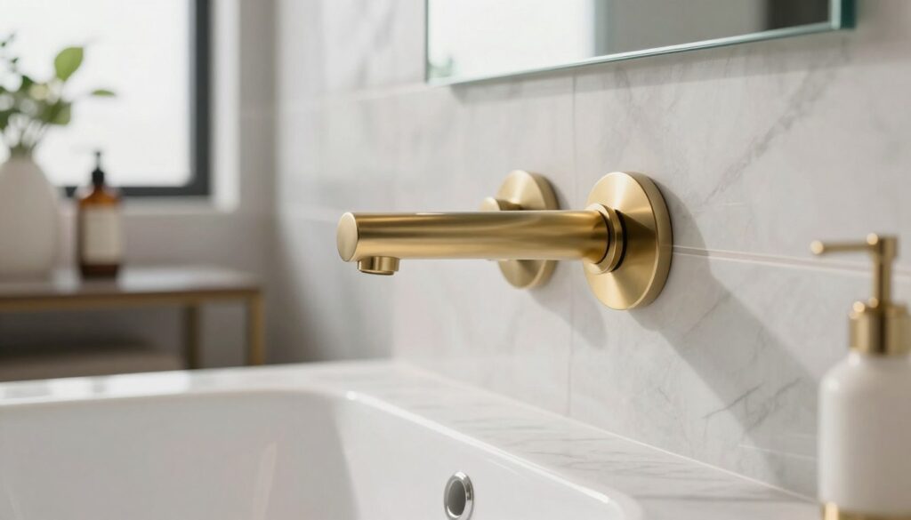 A modern, sleek concealed faucet installation displayed prominently in a stylish bathroom setting. In the foreground, focus on the brass and chrome finish of a high-quality, wall-mounted shower valve, positioned beside an elegant sink and a bathtub. A close-up view highlights the intricate design and craftsmanship details of the faucet, showcasing its innovative functionality. In the middle ground, softly illuminated by natural light from a nearby window, appear pristine marble countertops and polished fixtures that enhance the luxurious ambiance. The background features a tasteful arrangement of bathroom tiles and green plants, adding a touch of freshness. Overall, the image conveys a serene, contemporary atmosphere, ideal for inspiring readers about selecting the right concealed faucets for their bathroom installations.
