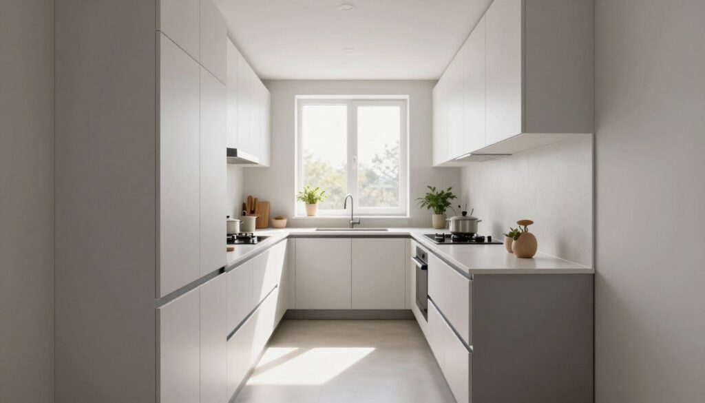 A narrow kitchen resembling a corridor, featuring a sleek, modern design. The image showcases cabinetry built along one wall, maximizing vertical and horizontal storage with an elegant blend of white and soft gray hues. Natural light streams through a large window, illuminating the space and enhancing its airy feel. The kitchen includes minimalist appliances and a small, stylish island for additional workspace. The layout prioritizes functionality, allowing for easy movement while maintaining a clean aesthetic. Plants on the windowsill and subtle decorative elements add warmth and a cozy atmosphere. The scene captures a contemporary, bright, and inviting ambiances that invite creativity in cooking.