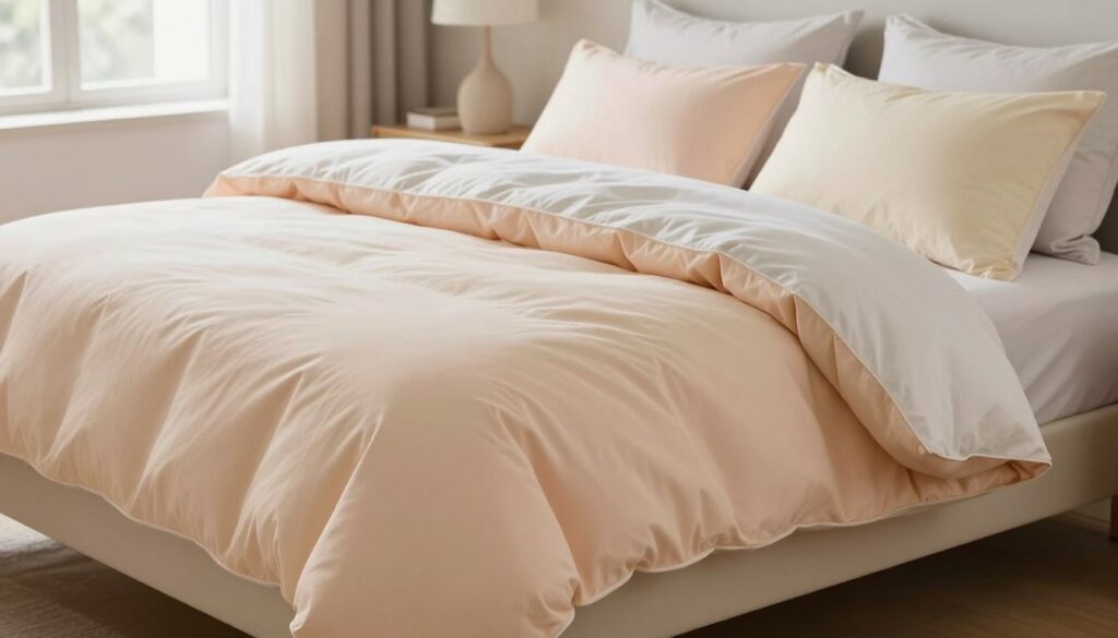 A neatly made bed showcases the "burrito" method of covering a large duvet with tightly folded corners. In the foreground, a large, fluffy duvet is partially rolled up, demonstrating the process, with the vibrant fabric vividly displayed. In the middle, a set of crisp, matching bed linens in soft pastel colors complements the duvet. The bedding is arranged on a stylish, minimalist bed frame, with pillows aligned perfectly at the head. In the background, a warm and inviting bedroom features natural light streaming through a window, creating a cozy atmosphere. The scene is shot with a soft focus lens, highlighting the textures in the bedding and imparting a serene, comfortable mood. No text or distracting elements are present.