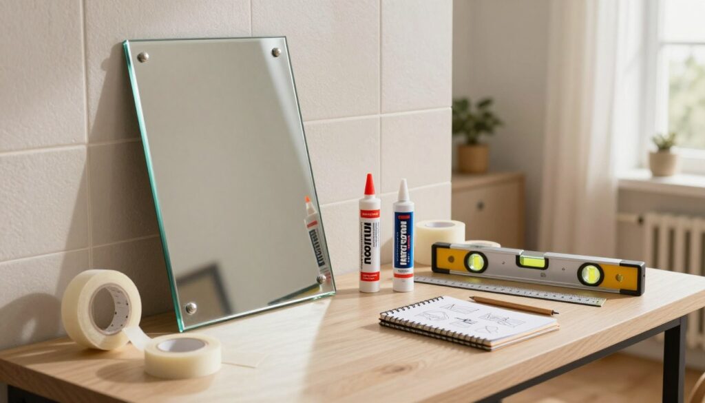 A neatly organized workspace featuring essential tools for mirror mounting. In the foreground, a glass mirror is leaning against a textured tile wall, displaying its reflective surface. To the side, a selection of adhesives is displayed, including a tube of mirror adhesive, a roll of double-sided tape, and a silicone sealant, each clearly labeled and arranged artistically. In the middle, a set of measuring tools like a ruler and level is positioned alongside a small notepad with sketches of mounting techniques. The background shows a softly lit room, with warm natural light filtering through a window, creating an inviting and professional atmosphere. The angle captures the essence of a safe and efficient workspace for DIY projects.