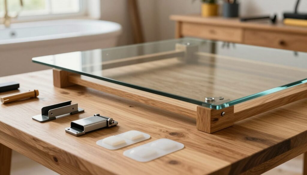 A precise close-up view of various methods for securing a glass tabletop to a wooden table. In the foreground, showcase different mounting techniques, such as brackets, clamps, and adhesive pads, arranged neatly to display their functionality. The middle ground features a beautifully finished wooden table with a transparent glass top, reflecting soft light, showcasing the sleek craftsmanship. In the background, a warm and inviting workshop atmosphere with tools and materials relevant to table assembly, bathed in natural light streaming through a nearby window. The image conveys a professional and informative mood, perfect for illustrating safe and stable mounting methods, emphasizing clarity and detail without any text or distractions.