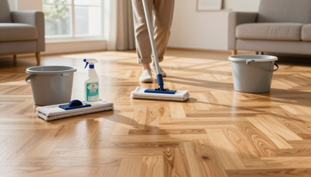 A pristine wooden parquet floor in a well-lit, modern living room, showcasing its natural beauty. In the foreground, a professional cleaning kit is arranged: a soft microfiber mop, a bottle of eco-friendly wood cleaner, and a small bucket. In the middle ground, a person in modest casual clothing is gently cleaning the floor, demonstrating proper technique, with a focus on maintaining the luster without leaving streaks. The background includes large windows that allow soft, warm sunlight to flood the room, highlighting the wood grain's rich texture. The atmosphere is calm and inviting, emphasizing care and attention to maintaining the beauty of wooden surfaces. Aim for a natural color palette and a cozy ambiance.