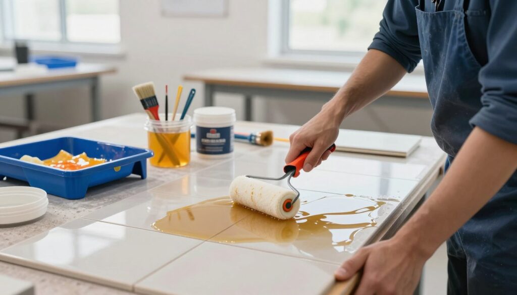 A professional application of resin coating on ceramic tiles, featuring a well-lit, organized workspace. In the foreground, a person in smart casual attire uses a roller to apply a glossy resin layer on a tile surface, showcasing technique and precision. The middle ground highlights various tools and materials, such as paint trays, brushes, and containers of resin, displaying vibrant colors and textures. In the background, a clean, well-maintained workshop environment with natural light streaming through windows enhances the productive atmosphere. The overall mood is focused and meticulous, capturing the step-by-step process of resin application while emphasizing professionalism and expertise in the craft.