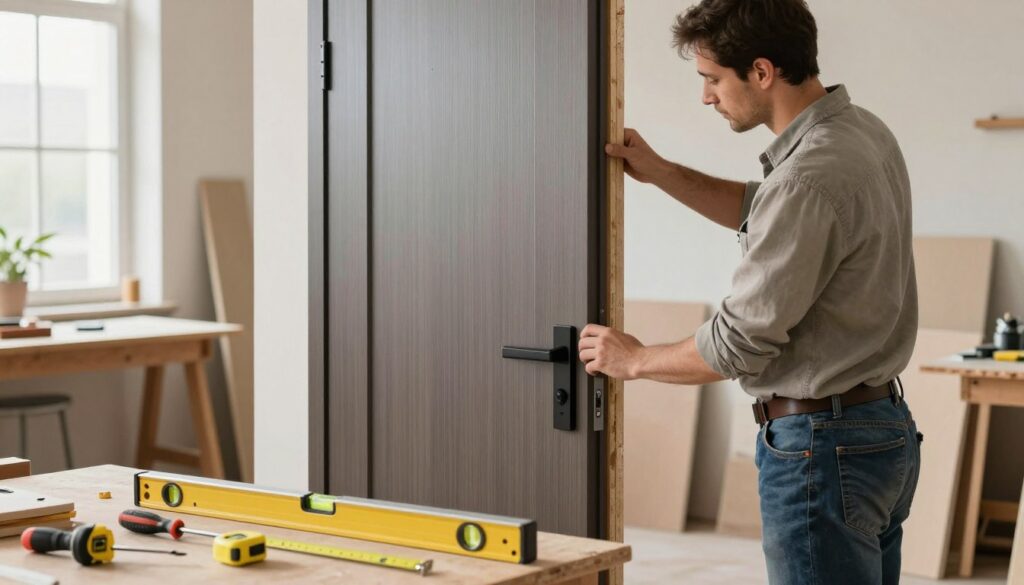 A professional carpenter, dressed in a modest work shirt and jeans, carefully installs a sleek modern door onto an old doorframe. In the foreground, tools such as a level, screwdriver, and measuring tape are neatly arranged on a workbench, emphasizing a methodical and organized approach. The middle ground features the door being aligned with the doorframe, showcasing the new sleek design, contrasting with the aged doorframe, illustrating the transformation. The background depicts a well-lit workshop, with soft natural light pouring in through a window, creating a warm and inviting atmosphere. The entire scene captures the essence of a step-by-step installation process, focusing on precision and craftsmanship, encouraging a sense of accomplishment and renewal.