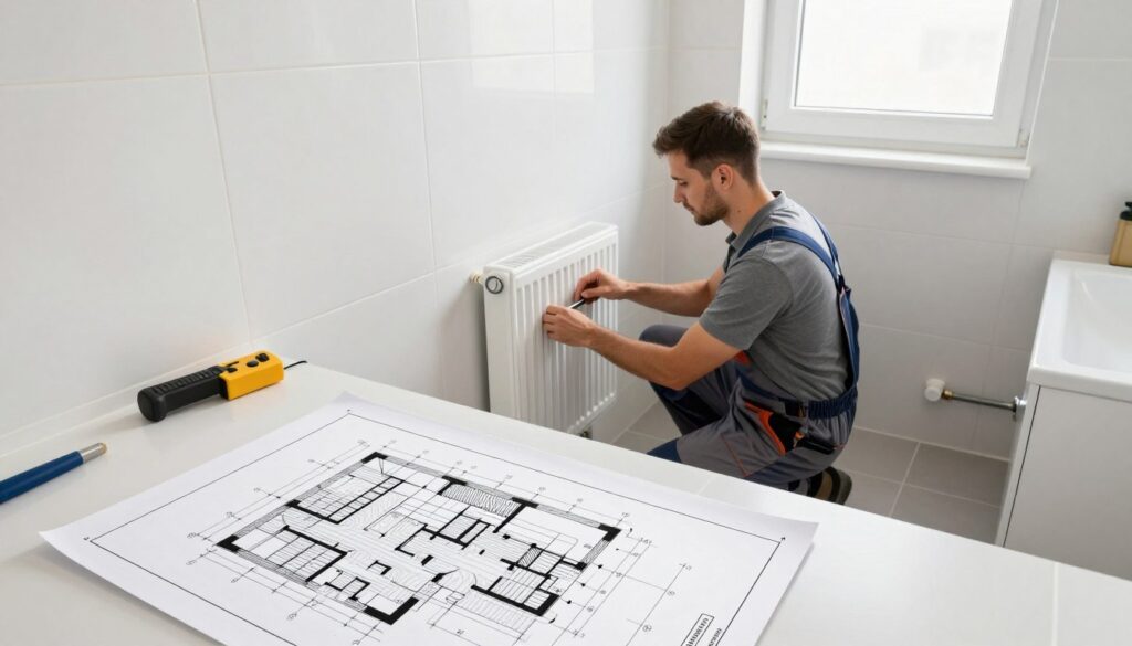 A professional installation of a bathroom heating system within an apartment setting. In the foreground, a technical diagram displays the layout of piping and radiator connections, with precise measurements annotated. In the middle, a skilled technician in modest, professional attire carefully installs a compact radiator on a white tiled wall, tools scattered around, showcasing attention to detail. The background features a clean, well-lit bathroom with natural light streaming through a frosted window, giving an inviting atmosphere. The overall mood is focused and industrious, emphasizing correctness in utility installation. Use a slightly elevated angle to capture both the technician's actions and the installation details effectively, illuminating the area to highlight key components without harsh shadows.