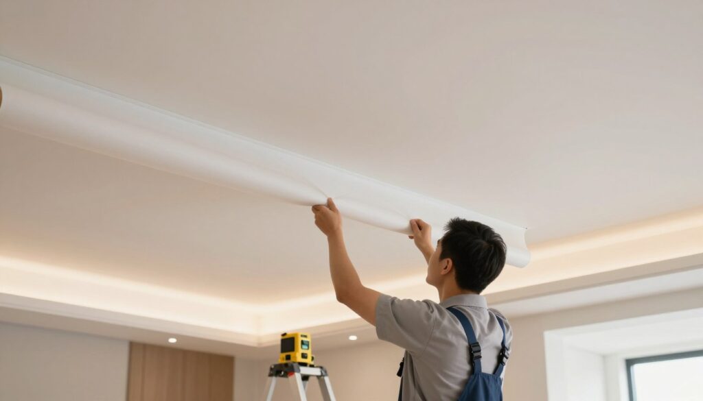 A professional installation of a stretch ceiling in a modern home interior. In the foreground, a technician in a neat business outfit carefully fits the flexible material to a sleek, white perimeter frame, showcasing a reel of stretched ceiling fabric. The middle ground features tools like a laser level and a ladder, while the background includes partially installed ceiling panels that emit a soft, diffused light, creating a bright and airy atmosphere. The lighting is warm, suggesting a welcoming and efficient workspace. The perspective is slightly elevated, focusing on the technician's meticulous movements and the transformation of the space through the ceiling installation process. The overall mood conveys professionalism and attention to detail in interior design. A professional installation of a stretch ceiling in a modern home interior. In the foreground, a technician in a neat business outfit carefully fits the flexible material to a sleek, white perimeter frame, showcasing a reel of stretched ceiling fabric. The middle ground features tools like a laser level and a ladder, while the background includes partially installed ceiling panels that emit a soft, diffused light, creating a bright and airy atmosphere. The lighting is warm, suggesting a welcoming and efficient workspace. The perspective is slightly elevated, focusing on the technician's meticulous movements and the transformation of the space through the ceiling installation process. The overall mood conveys professionalism and attention to detail in interior design.