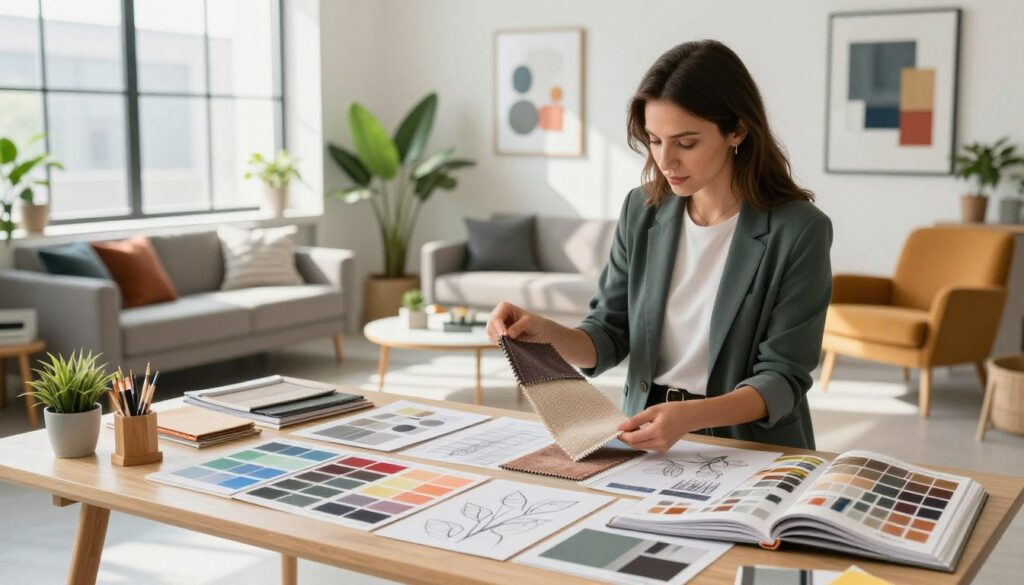 A professional interior designer working in a bright, stylish workspace, showcasing a variety of elegant décor samples, mood boards, and design tools. In the foreground, a designer—wearing smart casual attire—examines a fabric swatch with a focused expression. The middle ground features an organized desk adorned with color palettes, sketches, and design magazines, reflecting creativity and inspiration. In the background, a well-lit, modern studio filled with design elements like trendy furniture, plants, and artwork enhances the atmosphere. The scene is bright, with natural light streaming through large windows, casting soft shadows. The overall mood is vibrant and professional, capturing the essence of interior design work and the opportunities it presents.