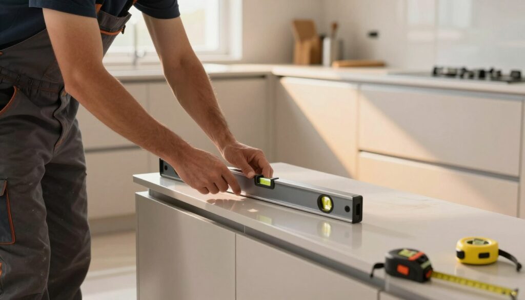 A professional kitchen installation scene focuses on the leveling of cabinets. In the foreground, a skilled tradesperson in casual work attire carefully adjusts a leveling tool against a sleek, modern cabinet. The middle ground features various kitchen cabinets arranged against a freshly painted wall, their glossy surfaces reflecting the warm ambient lighting. Tools such as a tape measure and a spirit level are spread out on a nearby surface, emphasizing precision and attention to detail. In the background, light streams through a window, illuminating the workspace with a bright and inviting atmosphere. The overall mood is one of focus, expertise, and meticulous preparation, perfect for illustrating the importance of accurate measurements before installation.