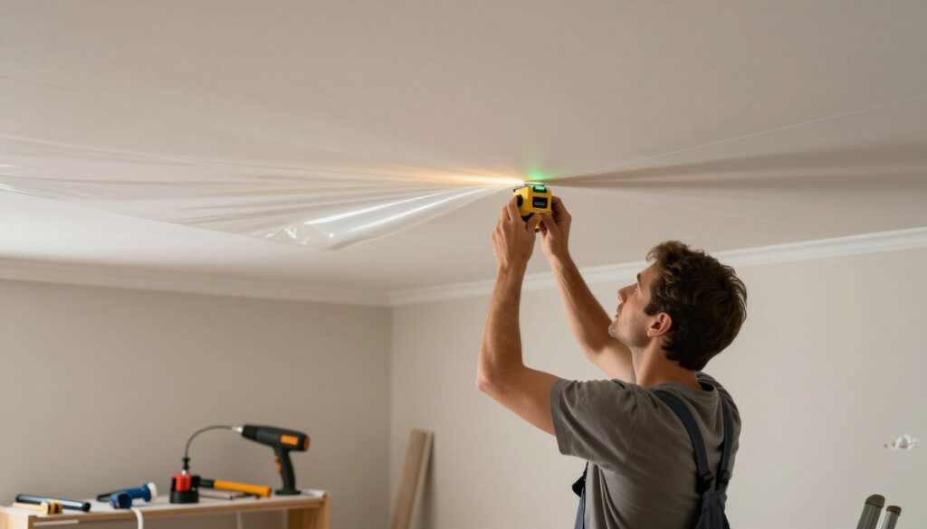 A professional worker in modest casual attire installing a stretch ceiling in a modern living room. In the foreground, focus on the worker using a laser level tool to ensure precision in ceiling placement, showcasing careful attention to detail. In the middle, display the partially mounted stretch ceiling material, which is glossy and taut, with a unique design that reflects ambient light. The background includes tools like a heat gun and installation equipment neatly arranged, as well as paint-splattered walls, indicating a home improvement effort. Soft, diffused lighting highlights the installation area, creating an inviting atmosphere that conveys a sense of accomplishment and practicality. The angle captures both the worker’s focused expression and the elegant ceiling transformation taking place.