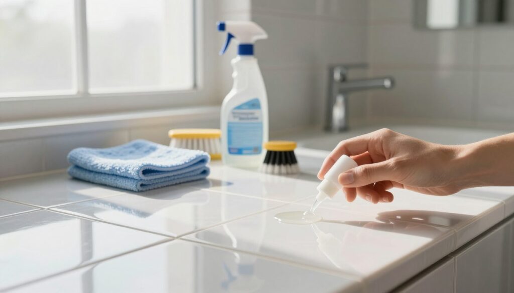 A serene bathroom scene featuring beautifully arranged, glossy ceramic tiles. The foreground shows a hand meticulously applying a clear impregnating sealant to one of the tiles, reflecting a professional approach to tile maintenance. The middle layer includes a variety of cleaning tools, such as a microfiber cloth, a spray bottle, and a soft brush, all neatly organized on a counter. The background showcases a well-lit, modern bathroom with soft, natural light streaming in through a frosted window, casting gentle shadows. The overall atmosphere is calm and clean, emphasizing the importance of tile maintenance and care, with a focus on preventing stains and buildup for a longer-lasting shine.