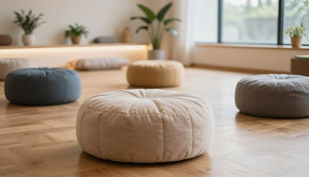 A serene indoor meditation setting featuring comfortable meditation poufs in various colors and textures, arranged in a modern studio space. In the foreground, focus on a plush, round pouf with soft fabric, invitingly placed on a warm wooden floor. The middle ground showcases a well-lit area with plants, soft cushions, and calming decor, suggesting tranquility. In the background, large windows let in natural light, enhancing the peaceful atmosphere with subtle shadows. Capture the essence of mindfulness with a calm, inviting mood, perfect for meditation practices in studios or workshops. Use a soft focus lens to create a soothing effect, emphasizing warmth and comfort without clutter, for a professional yet cozy ambiance.
