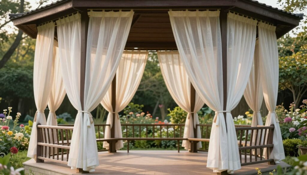 A serene outdoor scene showcasing a beautifully designed gazebo draped with elegantly stabilized curtains. In the foreground, the curtains are secured against gentle breezes using tasteful curtain ties, demonstrating their functionality and aesthetic appeal. In the middle, the gazebo offers an inviting space with soft lighting filtering through the semi-transparent fabric, providing a cozy yet bright ambiance. The background features a lush garden with green foliage and blooming flowers, enhancing the overall tranquility of the setting. The perspective is slightly elevated, capturing the interaction between the wind, curtains, and the surrounding nature, creating a harmonious balance. The atmosphere is peaceful, suggesting a perfect day for relaxation and enjoyment outdoors.