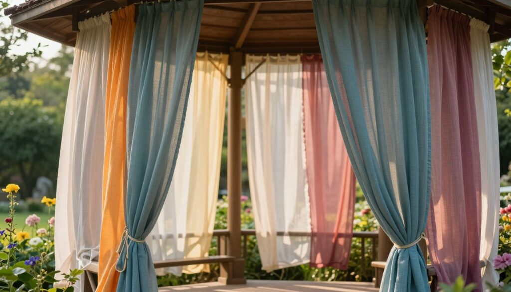 A serene outdoor setting showcasing a beautifully designed gazebo adorned with elegant fabric curtains. In the foreground, vibrant, flowing tkaniny (fabrics) in various textures and colors hang gracefully from the gazebo's structure, illustrating effective sun protection. The middle ground features delicate sunlight filtering through the softly swaying curtains, creating a warm and inviting atmosphere. In the background, lush greenery and blooming flowers add depth and life to the scene, enhancing the tranquil outdoor environment. The image should be captured in soft, natural lighting, emphasizing the gentle play of shadows and highlights on the fabric. Use a slightly elevated angle to encapsulate the interplay between the gazebo, the fabrics, and the surrounding garden.