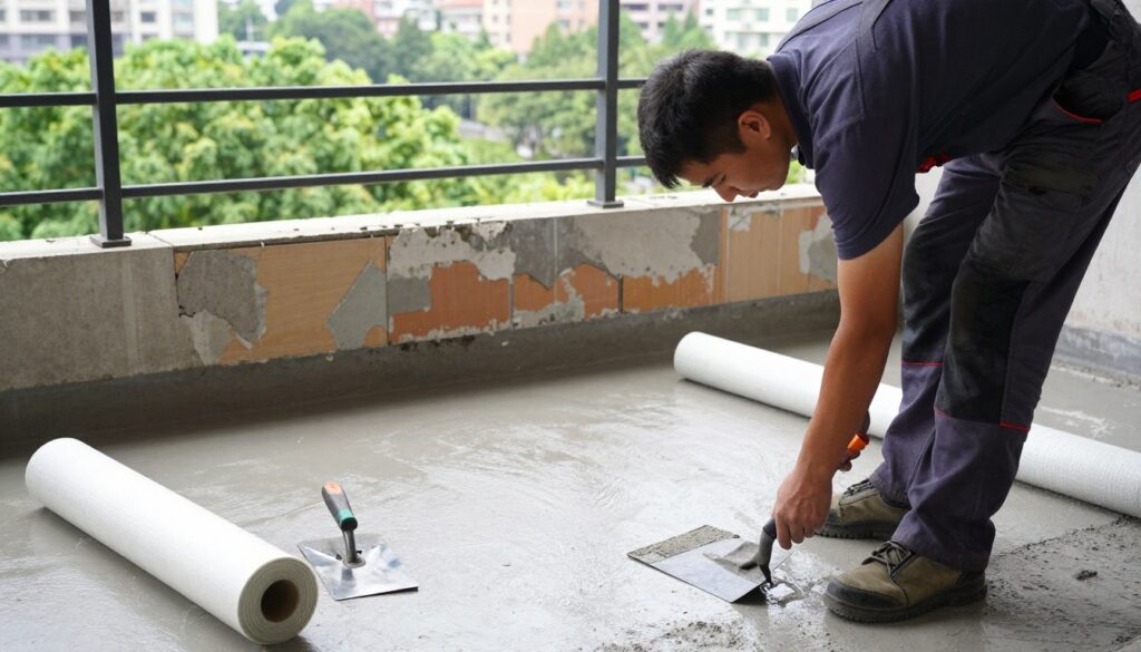A skilled contractor prepares a balcony surface for waterproofing, keenly focused on the task at hand. In the foreground, tools like a trowel and spatula rest on the ground alongside rolls of waterproofing membrane. The contractor, dressed in a professional outfit, is smoothing the concrete surface with precision, ensuring a level and clean area. In the middle ground, a partially covered balcony reveals remnants of old tiles and patches indicating prior water damage. In the background, a lush green cityscape provides an inviting contrast, with bright natural light illuminating the scene, highlighting textures and details. The atmosphere conveys diligence and expertise, emphasizing the important step in preparing for hydro insulation.