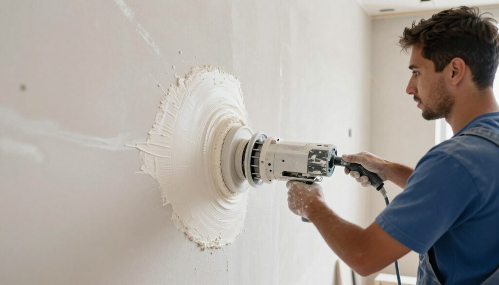 A skilled worker wearing professional attire applies machine plaster to a wall using a plastering machine. In the foreground, capture the worker’s focused expression as they operate the machinery, with splashes of plaster and tools scattered around. In the middle ground, show the rotating machinery spraying a smooth layer of plaster onto the wall surface, conveying a sense of technical precision. The background features a partially finished room, with the contrast of textured plaster and bare wall, emphasizing the ongoing construction. Bright, natural lighting illuminates the scene, enhancing the details of the plaster work. The overall atmosphere is dynamic and industrious, showcasing the efficiency of machine application versus manual techniques.