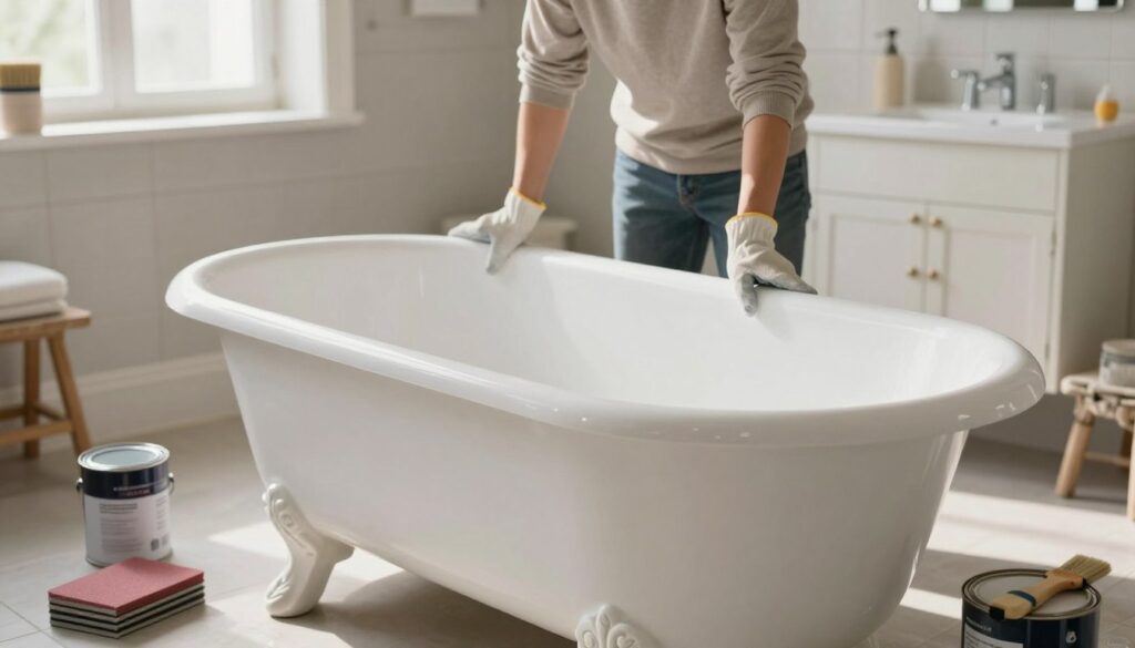 A spacious and well-lit bathroom scene focused on the preparation process for refinishing a cast iron bathtub. In the foreground, a clean, vintage cast iron tub sits prominently, surrounded by tools like sandpaper, brushes, and paint cans, indicating the DIY nature of the project. In the middle ground, a person wearing modest, casual clothing carefully inspects the tub’s surface, wearing protective gloves. The background reveals a softly lit bathroom with neutral tiles and elegant fixtures, enhancing the calm, focused atmosphere. Natural light streams in through a window, casting gentle shadows and highlighting the textures of the tub and tools. The overall mood is purposeful and serene, encapsulating the essence of home renovation.