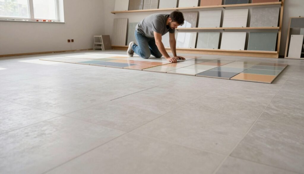 A spacious room in the foreground showcases a large, well-lit area with a freshly prepared floor ready for tiling. In the middle ground, a professional tile installer, dressed in modest casual clothing, is carefully laying out colorful ceramic tiles in an organized pattern. The installer is using a chalk line tool to mark the start line, ensuring precision in tile placement. The background features shelves with various tiles displayed, and natural light streams in through a nearby window, creating a bright and inviting atmosphere. The overall mood is focused and industrious, highlighting the important steps of planning and starting a tiling project. A spacious room in the foreground showcases a large, well-lit area with a freshly prepared floor ready for tiling. In the middle ground, a professional tile installer, dressed in modest casual clothing, is carefully laying out colorful ceramic tiles in an organized pattern. The installer is using a chalk line tool to mark the start line, ensuring precision in tile placement. The background features shelves with various tiles displayed, and natural light streams in through a nearby window, creating a bright and inviting atmosphere. The overall mood is focused and industrious, highlighting the important steps of planning and starting a tiling project.