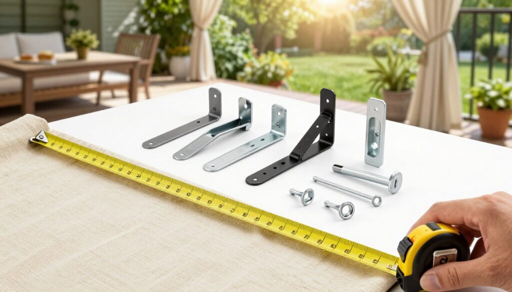 A step-by-step guide to outdoor curtain installation, showing essential tools like measuring tape, brackets, and anchors laid out on a patio table. In the foreground, a close-up shot features a hand measuring the length of curtain fabric with a tape measure, emphasizing precision. In the middle, various curtain bracket styles and wall anchors are neatly organized, showcasing practical hardware options for outdoor use. The background reveals a well-decorated patio with lush greenery and sunlight filtering through, creating a warm and inviting atmosphere. The lighting is bright and natural, accentuating the textures of the materials. The overall mood is instructional and engaging, appealing to homeowners looking to enhance their outdoor spaces. A step-by-step guide to outdoor curtain installation, showing essential tools like measuring tape, brackets, and anchors laid out on a patio table. In the foreground, a close-up shot features a hand measuring the length of curtain fabric with a tape measure, emphasizing precision. In the middle, various curtain bracket styles and wall anchors are neatly organized, showcasing practical hardware options for outdoor use. The background reveals a well-decorated patio with lush greenery and sunlight filtering through, creating a warm and inviting atmosphere. The lighting is bright and natural, accentuating the textures of the materials. The overall mood is instructional and engaging, appealing to homeowners looking to enhance their outdoor spaces.