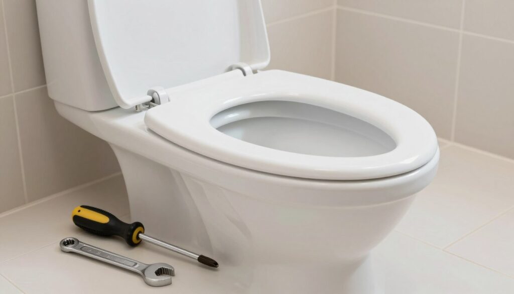 A step-by-step image illustrating the installation of a universal toilet seat. In the foreground, focus on a set of tools including a screwdriver and a wrench neatly arranged on a clean bathroom floor. In the middle ground, depict a partially installed toilet seat with visible mounting hardware, showing clear details of how it fits onto the toilet bowl. The background features a well-lit bathroom setting, with light-colored tiles and a neutral-colored wall, enhancing visibility. Soft, natural lighting illuminates the scene, creating a clear and instructional atmosphere. The perspective is slightly angled downwards to emphasize the action of installation, providing a hands-on feel, while avoiding clutter to maintain focus on the toilet seat mounting process.