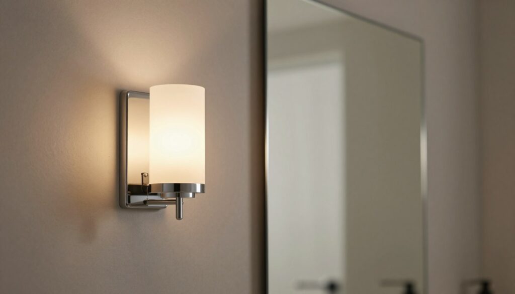 A stylish and elegant wall-mounted sconce (kinkiet) above a modern bathroom mirror. The kinkiet features a sleek, chrome finish with frosted glass shades that emit a warm, inviting glow. The mirror below reflects the soft light, creating a cozy ambiance. In the foreground, the focus is on the beautifully designed kinkiet, showcasing its intricate details. In the middle ground, the mirror provides a sense of depth, while the surrounding bathroom area is minimally styled, with neutral tones and subtle textures. Gentle lighting enhances the serene atmosphere, and the angle captures both the kinkiet and the mirror harmoniously. The scene radiates sophistication and functionality, making it ideal for a contemporary bathroom setting.