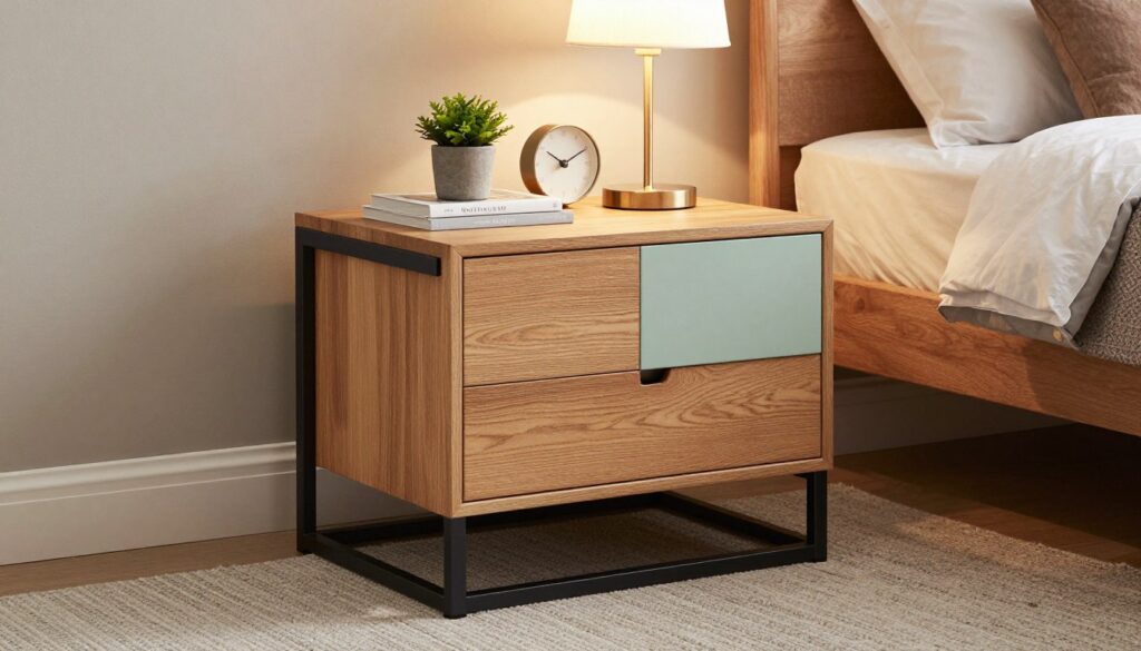A stylish and modern bedside table made from a combination of wood and metal, showing a variety of colors and finishes, including natural wood grain, sleek black metal, and soft pastel hues. The foreground features the table atop a textured area rug, with a well-lit table lamp casting a warm glow. In the middle, display an array of elegant accessories like a small plant, a decorative book, and a minimalist clock. The background includes a cozy bedroom scene with soft bedding and soothing wall colors to emphasize the function and design of the furniture. Use soft, diffused lighting for an inviting atmosphere, and a slightly elevated angle for a comprehensive view of the materials and finishes. No text or logos in the image.