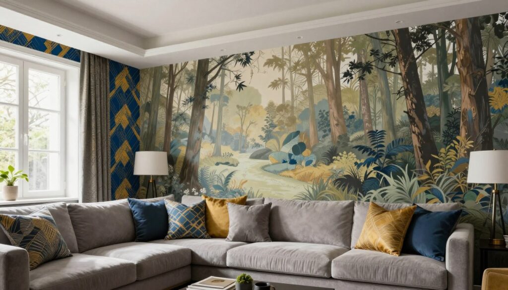 A stylish and modern interior space showcasing a variety of vibrant wallpapers (tapety) with unique patterns, textures, and colors. In the foreground, an elegant living room with a plush sofa and decorative cushions complements the bold wallpaper on one wall, adorned with geometric designs in rich blues and golds. The middle ground features an eye-catching feature wall covered with a large mural, depicting a serene forest scene in earthy tones, transitioning into intricate decorative plaster textures. In the background, natural light filters through large windows, casting soft shadows and enhancing the inviting atmosphere of the room. The overall mood is refreshing and sophisticated, celebrating the transformative power of modern wall treatments. Use a wide-angle lens to capture the entire space, focusing on both detail and depth.