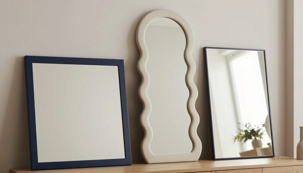 A stylish assortment of various mirror shapes and proportions displayed in a well-lit interior setting. In the foreground, feature a rectangular mirror with a sleek navy blue frame, reflecting soft ambient light. In the middle, include a graceful wavy-shaped mirror that adds a touch of fluidity, beautifully contrasting with the geometric lines of the rectangular mirror. The background should be a tastefully decorated room with a neutral color palette, allowing the mirrors to stand out as focal points. Use soft, diffused lighting to create a serene atmosphere, emphasizing the elegance of the mirrors and their harmonious integration into the space. The overall mood should be sophisticated yet inviting, showcasing how different mirror shapes can enhance a room's decor.