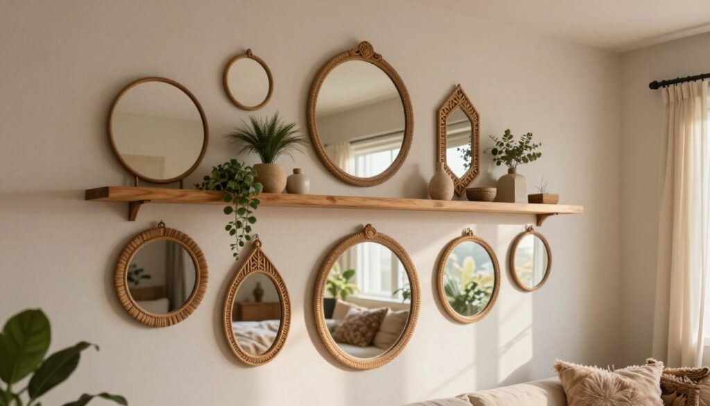A stylish boho mirror arrangement on a textured wall, incorporating various mirror shapes such as round, oval, and intricate geometric designs. In the foreground, a close-up view showcases the mirrors reflecting soft, natural sunlight, creating warm, inviting highlights. The middle section features a wooden shelf adorned with peaceful indoor plants and natural decor items, adding to the bohemian vibe. In the background, a cozy room setup is visible, with plush textiles and earthy tones that enhance the tranquility of the space. Soft, diffused lighting creates a serene atmosphere, while a wide-angle lens captures the entire scene, emphasizing the harmonious blend of natural elements and craftsmanship in mirror installation. A stylish boho mirror arrangement on a textured wall, incorporating various mirror shapes such as round, oval, and intricate geometric designs. In the foreground, a close-up view showcases the mirrors reflecting soft, natural sunlight, creating warm, inviting highlights. The middle section features a wooden shelf adorned with peaceful indoor plants and natural decor items, adding to the bohemian vibe. In the background, a cozy room setup is visible, with plush textiles and earthy tones that enhance the tranquility of the space. Soft, diffused lighting creates a serene atmosphere, while a wide-angle lens captures the entire scene, emphasizing the harmonious blend of natural elements and craftsmanship in mirror installation.