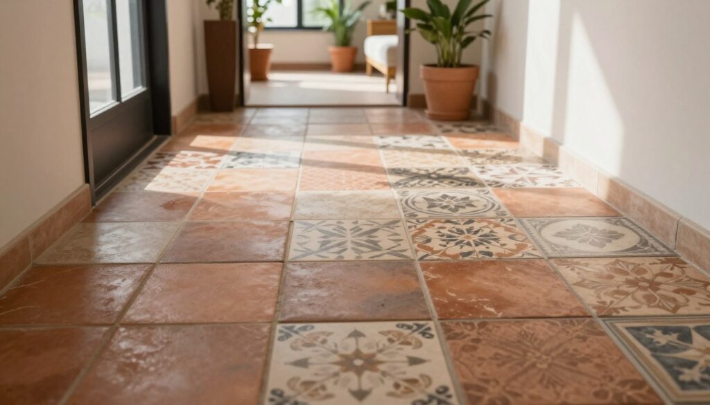 A stylish entryway featuring beautifully arranged tiles in various patterns, showcasing a combination of terracotta, gres, and klinkier. The foreground highlights a variety of textured tiles with rich earthy tones and elegant designs, focusing on durability and aesthetics. The middle ground includes a welcoming hallway with soft natural lighting streaming in from a nearby window, casting gentle shadows on the floor. The background should reveal subtle decorative elements like potted plants and simple furnishings that enhance the inviting atmosphere. The perspective is slightly angled to capture depth, and the overall mood is warm and welcoming, perfect for a frequently used entryway.