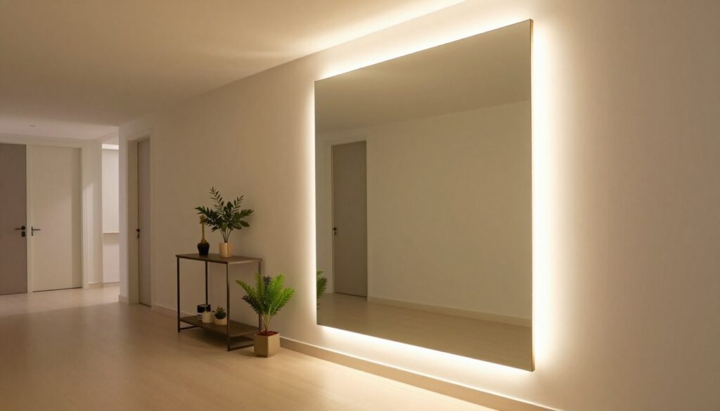 A stylish hallway featuring a large illuminated LED mirror as the focal point, reflecting soft, warm light to create an inviting atmosphere. In the foreground, the mirror's frame glows subtly, highlighting modern, sleek designs. The middle ground showcases elegant decor items like a small console table and potted plants, strategically placed to enhance the space without creating clutter. In the background, a softly lit corridor leads to a door, lined with light-colored walls that amplify the brightness of the LED mirror. The scene is photographed from a slight angle with a wide lens to capture depth, conveying a sense of spaciousness and brilliance while ensuring the lighting remains soft and free from harsh reflections.