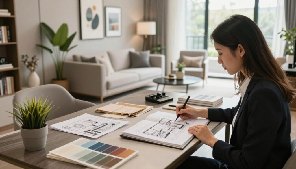 A stylish interior design workspace featuring a contemporary desk with design tools, color swatches, and decorative samples neatly arranged. In the foreground, a skilled interior designer, dressed in professional business attire, is intently sketching a room layout, with a sophisticated design book open beside them. The middle ground showcases a beautifully designed living room with elegant furniture, some greenery, and modern artwork on the walls. In the background, large windows allow natural light to flood in, creating a warm and inviting atmosphere. The scene is captured from a slightly elevated angle, emphasizing the designer's focus while highlighting the harmonious blend of creativity and professionalism in interior design. The overall mood is inspiring and innovative, reflecting the energy of a creative workspace.