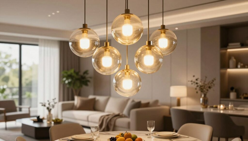 A stylish interior featuring a cluster of modern pendant lights shaped like translucent glass orbs, softly illuminated with warm golden tones. The foreground showcases the elegant light fixtures hanging at varying heights above a chic dining table set for a cozy meal. In the middle ground, a spacious living area is visible, adorned with tasteful decor and a plush sofa, complemented by subtle greenery. The background reveals large windows allowing natural sunlight to stream in, enhancing the inviting atmosphere. The scene is bathed in a warm glow, creating a harmonious and sophisticated vibe that captures the essence of contemporary design. The overall mood is relaxing and elegant, perfect for any stylish home setting.