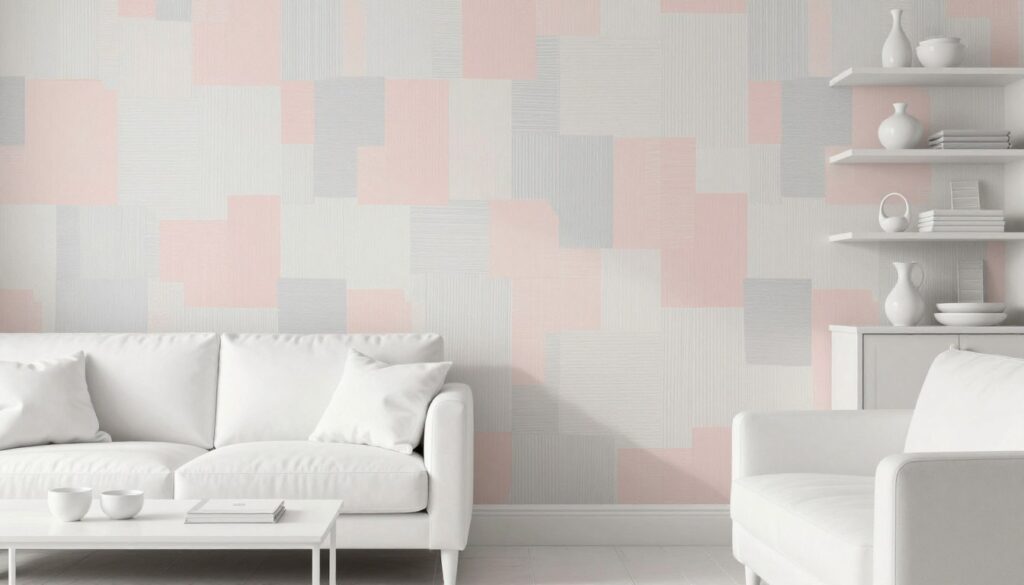 A stylish interior featuring a curated arrangement of white furniture, including a sleek sofa, a minimalist coffee table, and elegant shelves, all set against a striking wallpaper that harmonizes with the white decor. The wallpaper showcases a modern pattern with soft pastel colors, such as blush pink and light gray, creating a warm and inviting atmosphere. The scene is captured in soft, natural lighting, enhancing the textures of the furniture and wallpaper while casting gentle shadows. The perspective is a mid-range angle, focusing on the interplay between the furniture and the wallpaper design. The ambiance is serene and sophisticated, making it an ideal representation of interior design that perfectly complements white furniture without clashing.