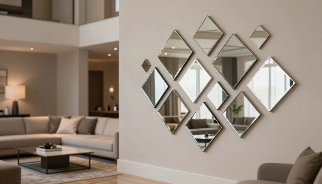 A stylish interior featuring diamond-shaped wall mirrors arranged in an artistic pattern on a modern living room wall. The foreground showcases several sleek, reflective mirrors of varying sizes, creating a play of light and depth. In the middle, a chic sofa with neutral tones complements the mirrors, while a minimalist coffee table adds elegance. The background reveals a softly lit environment with warm ambient lighting, highlighting the mirrors' reflective properties. The atmosphere is one of sophistication and peace, ideal for showcasing a contemporary design. The angle captures a slight perspective to emphasize the arrangement's dynamic effect. The overall mood conveys a sense of lightness and modernity, perfect for an inspiring interior decor theme.
